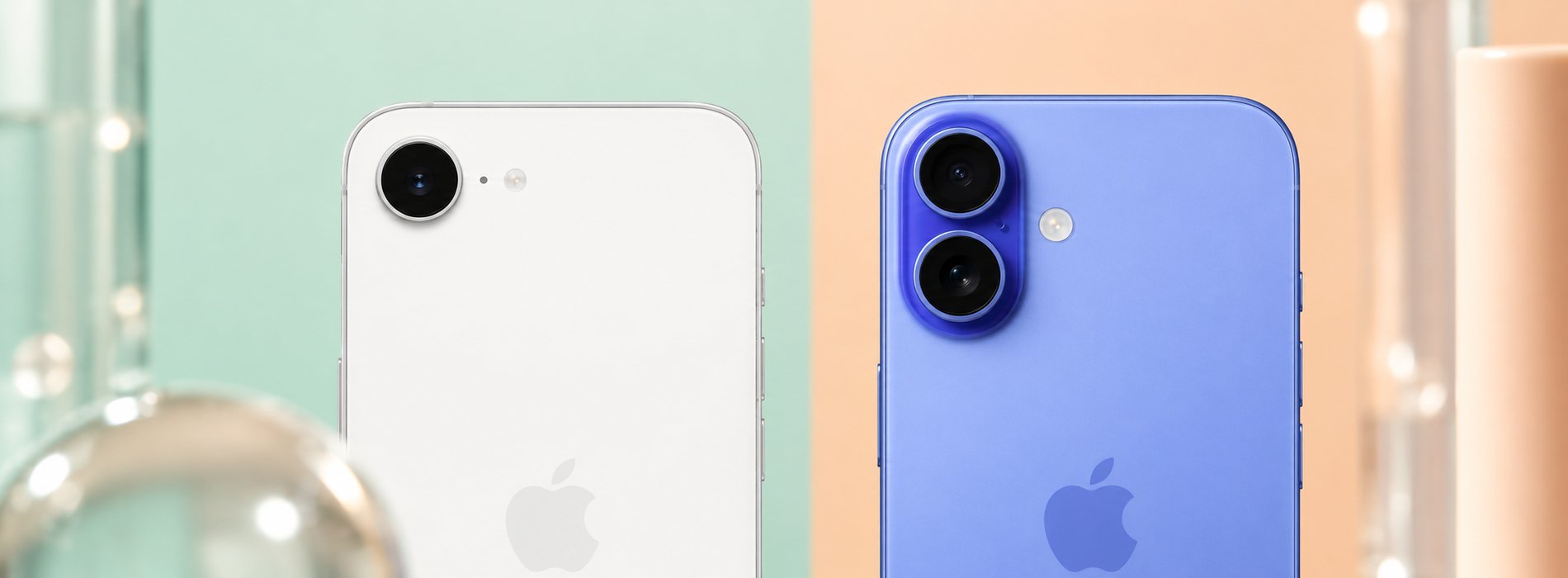 Одна камера iPhone 16e и две камеры iPhone 16 крупно