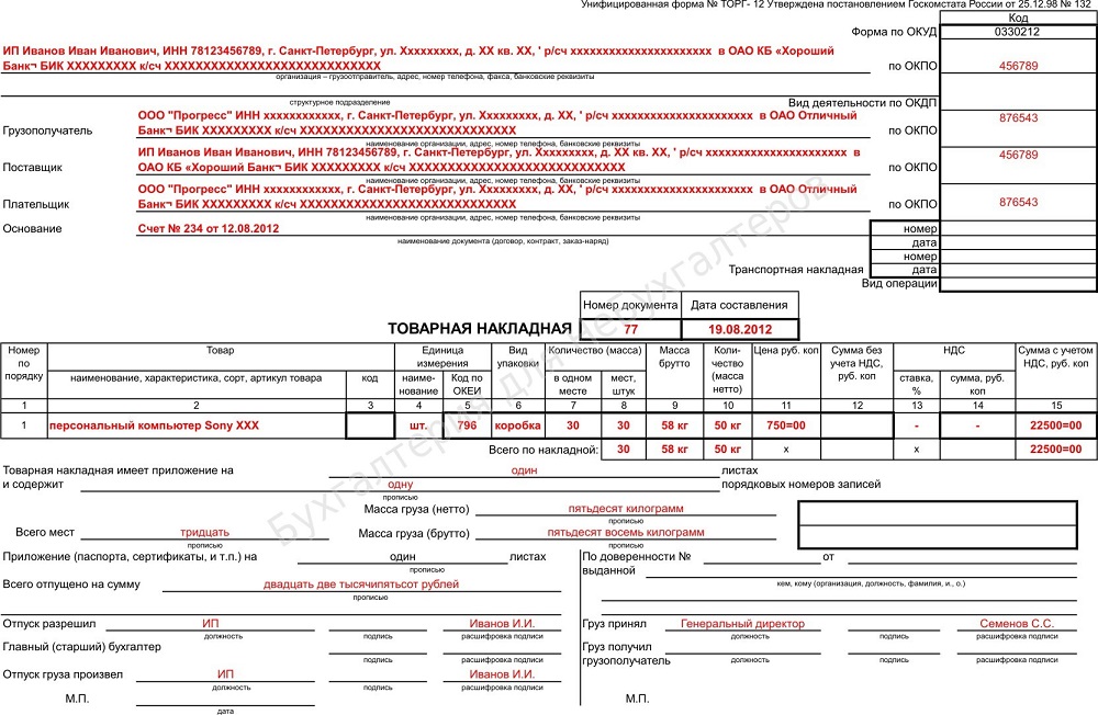 Образец заполнения&nbsp;накладной ТОРГ-12&nbsp;