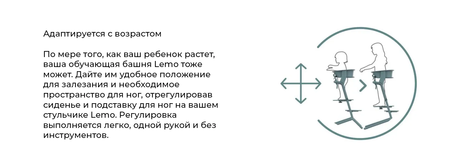 Адаптируется с возрастом. По мере того, как ваш ребенок растет, ваша обучающая башня Lemo тоже может. Дайте им удобное положение для залезания и необходимое пространство для ног, отрегулировав сиденье и подставку для ног на вашем стульчике Lemo. Регулировка выполняется легко, одной рукой и без инструментов. Адаптируется с возрастом. По мере того, как ваш ребенок растет, ваша обучающая башня Lemo тоже может. Дайте им удобное положение для залезания и необходимое пространство для ног, отрегулировав сиденье и подставку для ног на вашем стульчике Lemo. Регулировка выполняется легко, одной рукой и без инструментов.