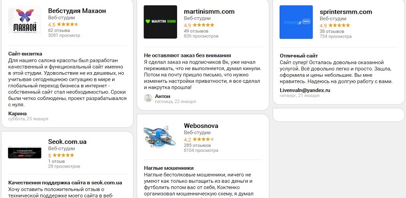 Пользовательские отзывы о разработчиках сайтов