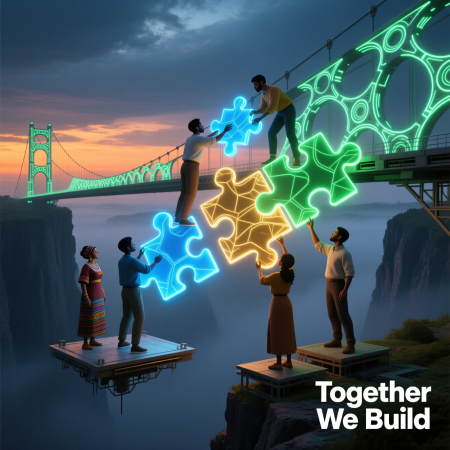 <img src="teamwork-bridge-building.jpg" alt="Diverse team building a bridge together using puzzle pieces">