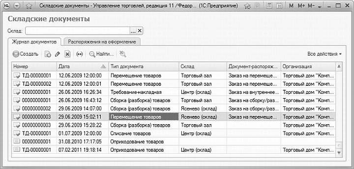 Меню &laquo;Складские документы&raquo;, в котором отражаются внутренние перемещения