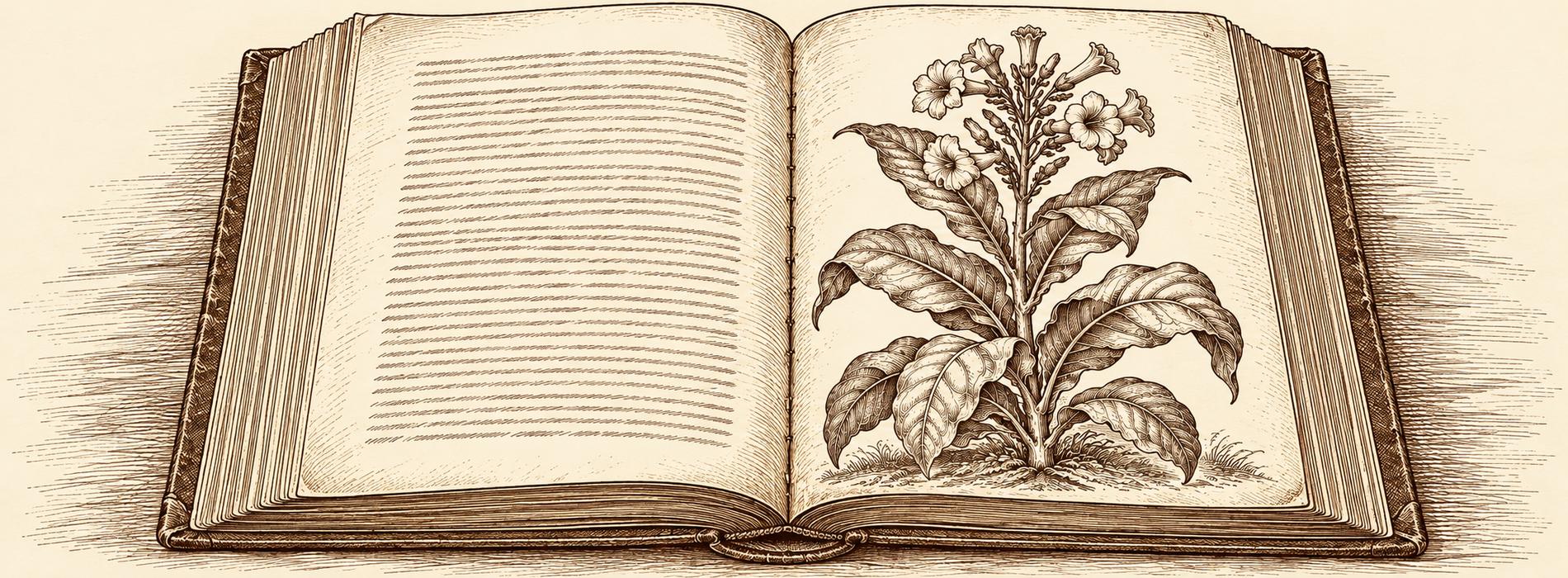Раскрытая испанская книга XVI века с гравюрой табачного растения - первые описания табака