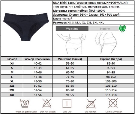 Размерная таблица менструальных трусов UNA Bikini_Lace