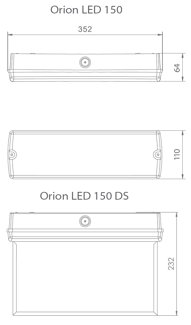Размеры светодиодного накладного светильника аварийного освещения Orion LED 150 7W IP65