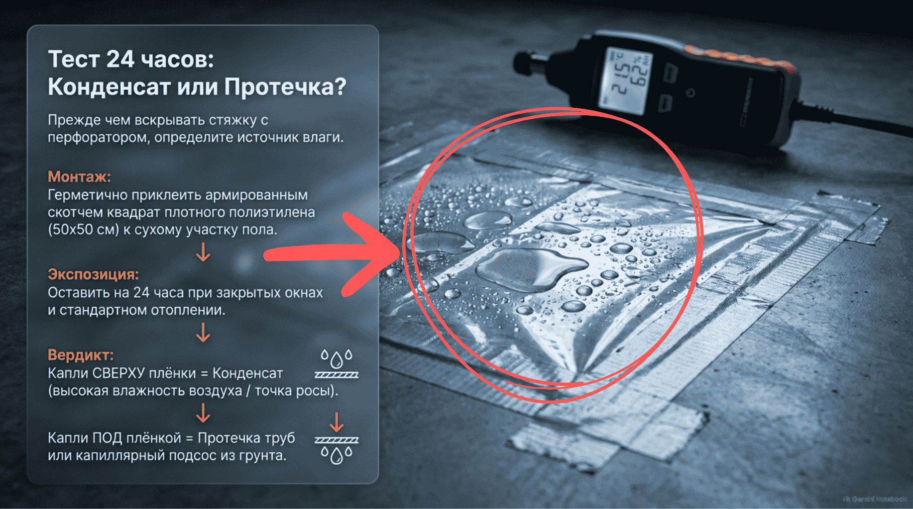 Тест 24 часа: чтобы выявить конденсат из-за точки росы на полу, закройте участок плотной пленкой. Тест 24 часа: чтобы выявить конденсат из-за точки росы на полу, закройте участок плотной пленкой.
