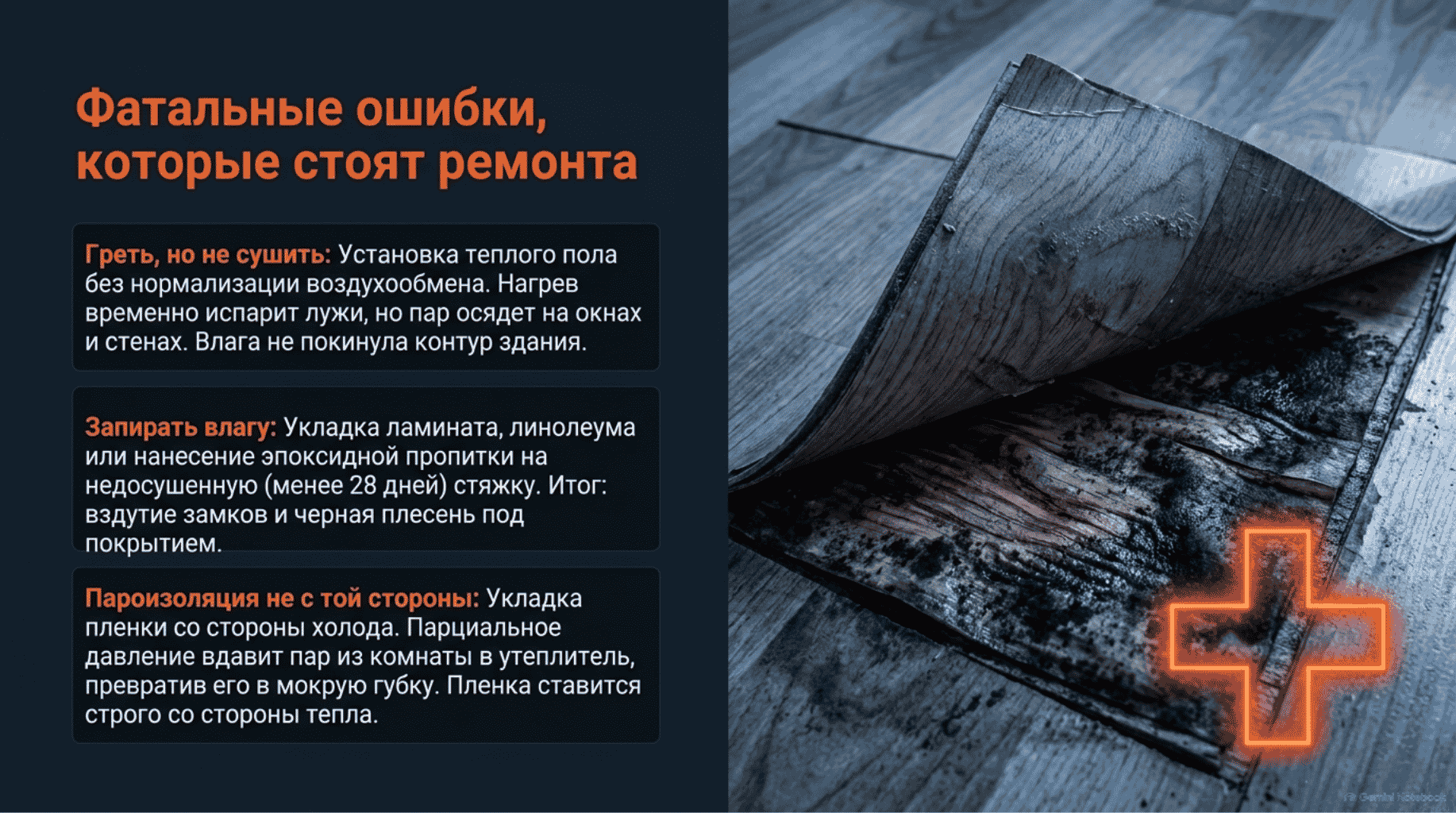 Диагностика повреждений: фатальные ошибки монтажа (нарушение пароизоляции, отсутствие вентзазора и сушки стяжки), стоящие ремонта. Диагностика повреждений: фатальные ошибки монтажа (нарушение пароизоляции, отсутствие вентзазора и сушки стяжки), стоящие ремонта.