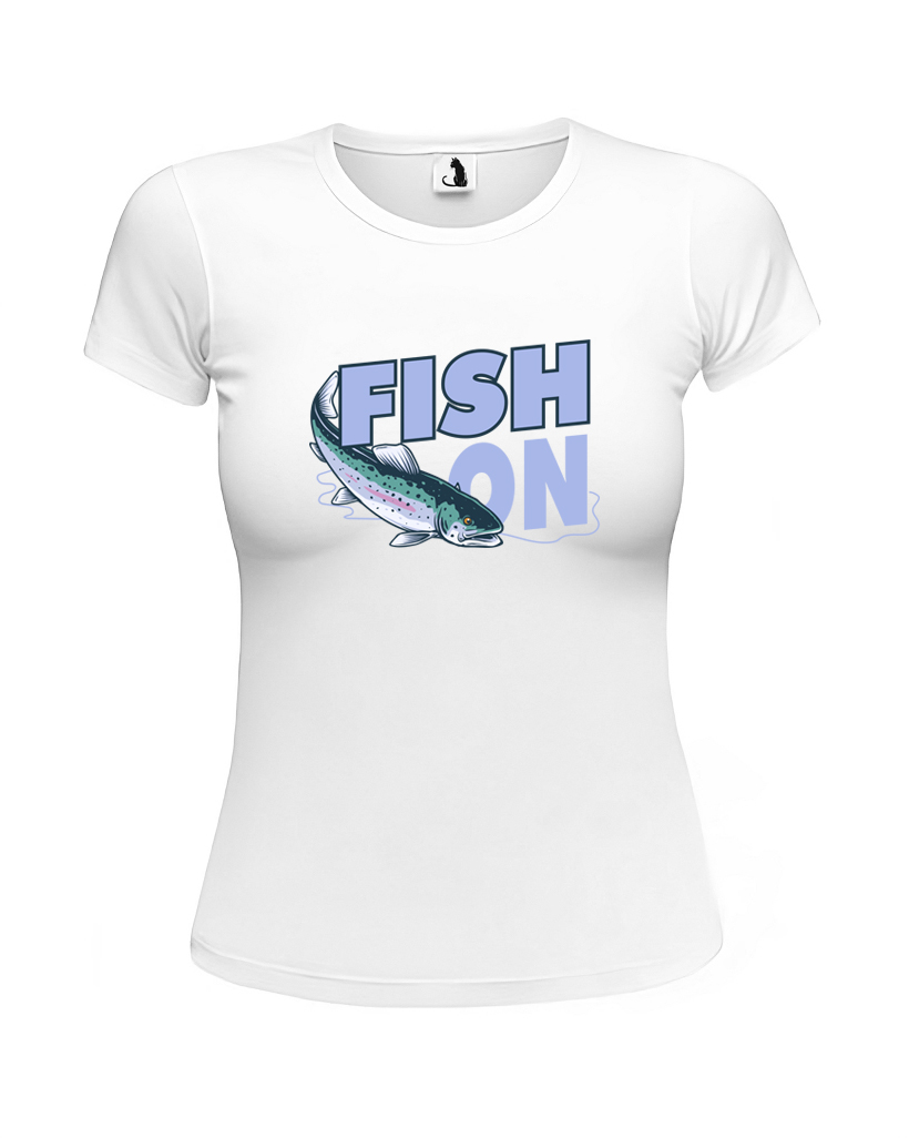 Образец женской футболки рыбака Fish On приталенного кроя Футболка женская рыбака Fish On приталенная