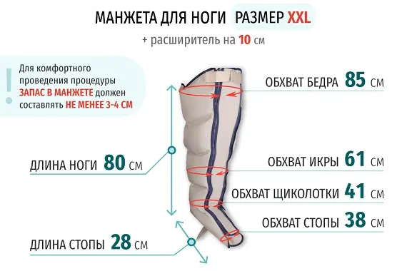 Размеры манжеты ноги XXL с расширителем 10 см Размеры манжеты ноги XXL с расширителем 10 см