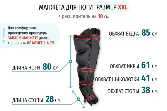 Размеры манжеты ноги XXL с расширителем 10 см Размеры манжеты ноги XXL с расширителем 10 см