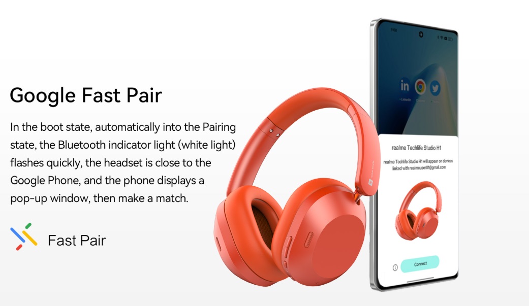 Беспроводные наушники Realme Techlife Studio H1-описание-12 Google Fast Pair Realme Techlife Studio H1