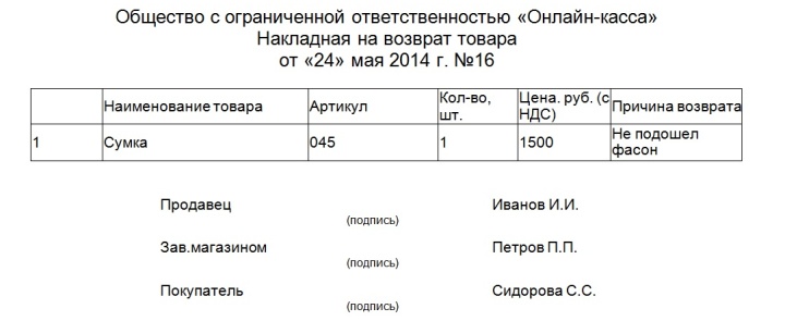 Расходная накладная при документальном оформлении кассиром возврата товара