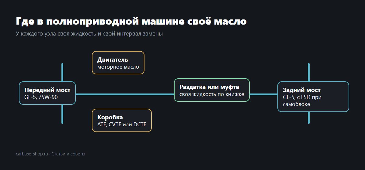 В полноприводной машине у мостов, раздатки и коробки свои жидкости.