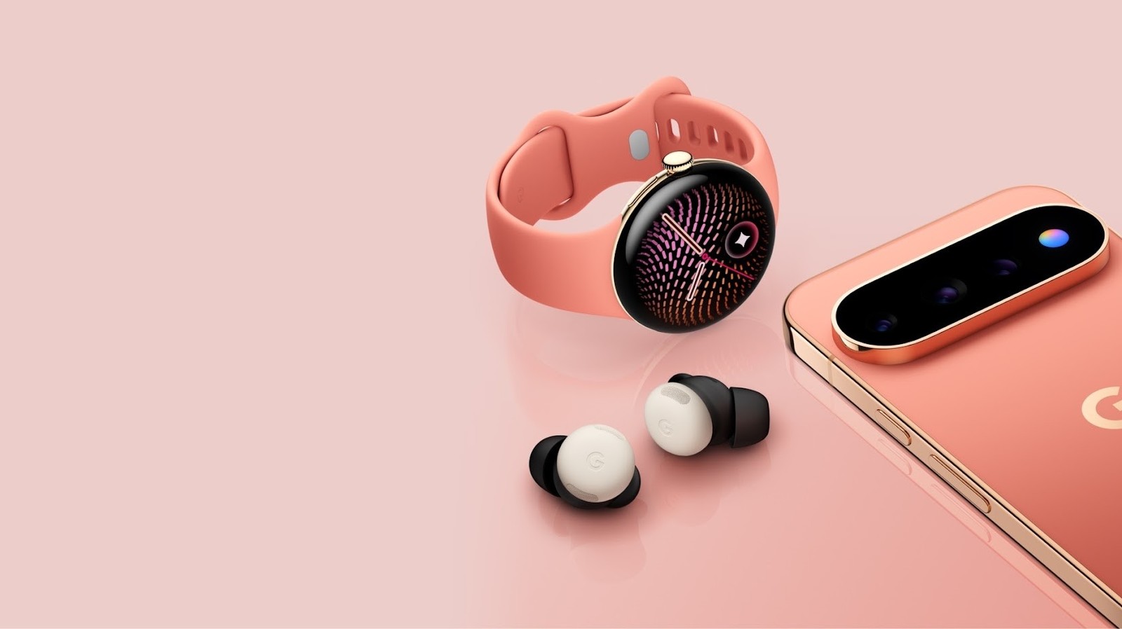 Pixel Watch 5 рядом со смартфоном Pixel и наушниками Pixel Buds Pixel Watch 5 рядом со смартфоном Pixel и наушниками Pixel Buds