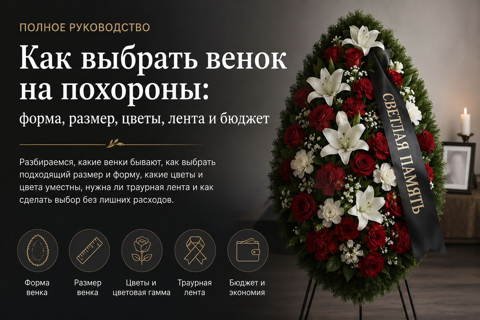 Как выбрать венок на похороны: форма, размер, цветы, лента и бюджет