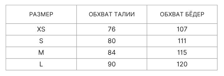 Таблица размеров
