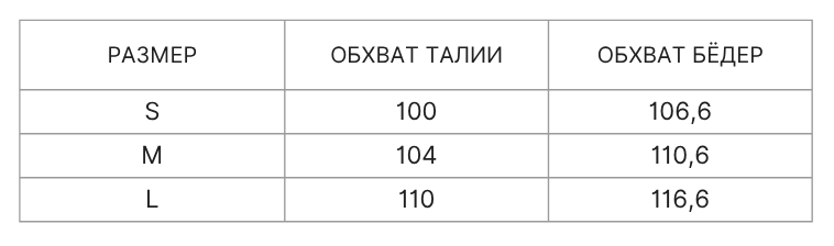 Таблица размеров