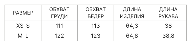 Таблица размеров