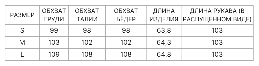 Таблица размеров