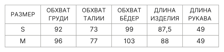 Таблица размеров