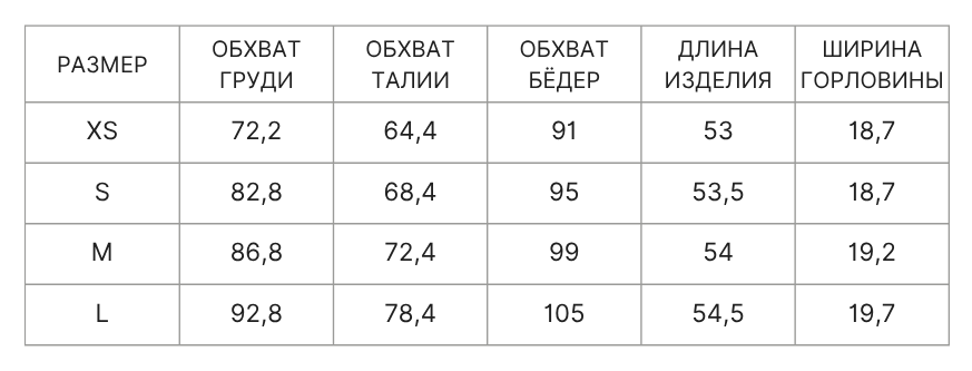Таблица размеров