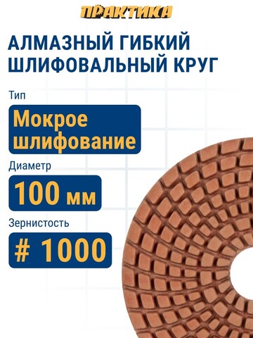Круг алмазный гибкий шлифовальный ПРАКТИКА 100 мм для мокрого шлифования, P1000 (925-495)