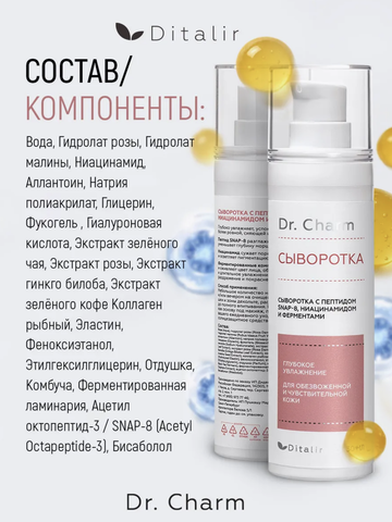 Сыворотка для лица с пептидом SNAP-8 ниацинамидом и ферментами 30мл Dr.CHARM — фото 7