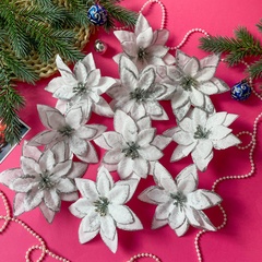Пуансеттия (рождественская звезда) искусственная, бархатная, БЕЛАЯ с блесками, 1 шт - 11 см, набор 10 голов.