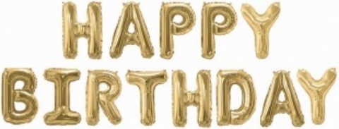 Шар К Надпись, Happy Birthday, Золото, 16''/41 см (под воздух)