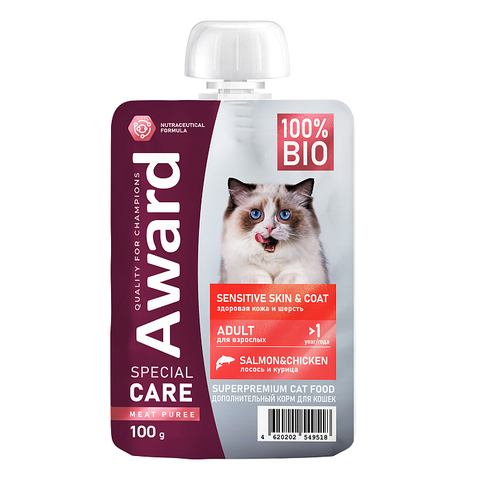 Влажный дополнительный корм AWARD SPECIAL CARE Sensitive skin&coat "мясное пюре" для взрослых кошек для здоровья кожи и шерсти из курицы с лососем 100 г