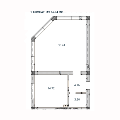 1-комн. квартира, 56,04 м²; 2,3 этажи