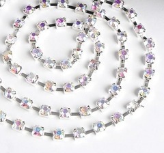 Цепь стразы, ss16, ш. 4 мм, серебро напыление AB в серебряной оправе