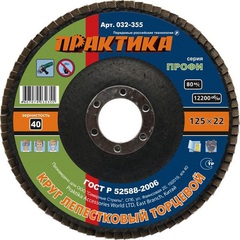 Круг лепестковый шлифовальный ПРАКТИКА 125 х 22 мм Р40  серия Профи (032-355)