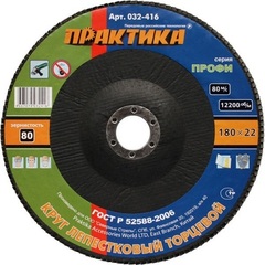 Круг лепестковый шлифовальный ПРАКТИКА 180 х 22 мм Р80  серия Профи (032-416)