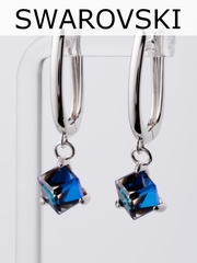 Серьги-подвески Миражи с синим кубиком Swarovski