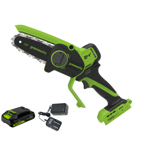 Цепная мини пила аккумуляторная Greenworks CS2410A, 24V, 10см, бесщёточная, с автоматической смазкой цепи, c 1хАКБ 2Ач и ЗУ (CS2410AUA)