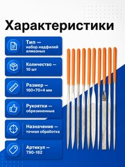 Набор надфилей КОБАЛЬТ алмазных, длина рабочая/общая 160 х 70 мм, обрезиненные рукоятки, зернистость Р120, 10 штук (790-182)