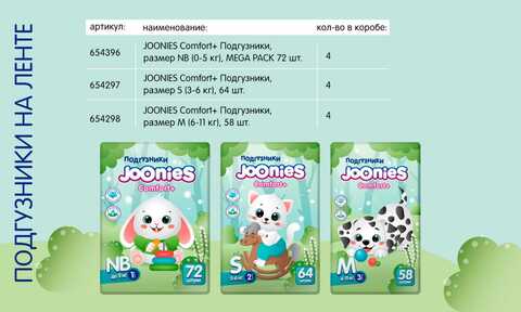 Подгузники JOONIES Comfort+, M (6-11 кг), 58 шт.