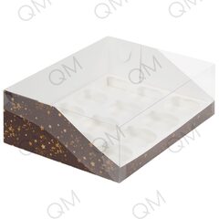Коробка под капкейки с пластиковой крышкой 310*235*100 мм (12) (коричневая со звёздами), 50шт