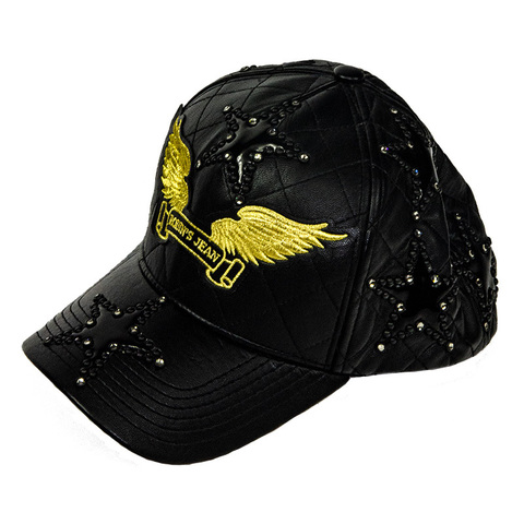 Robin's Jean | Бейсболка мужская BLACK QUILTED LEATHER CAP WITH STUDDED STARS левый бок