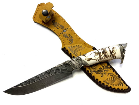 Нож Путник Пират, дамасская сталь, рукоять из кости, мельхиор