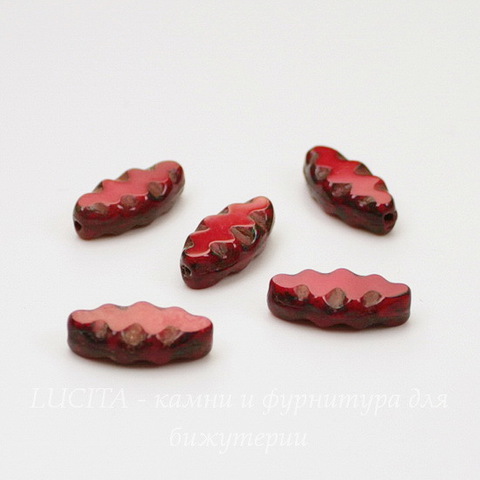 Бусина "Резная "navette" (цвет - ярко-красный) 12х6 мм , 5 штук