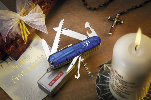 Нож складной Victorinox Huntsman, 91 mm, 15 функций, полупрозрачный синий