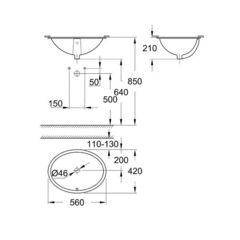 Раковина встраиваемая снизу Grohe bau ceramic 55 с переливом (560 x 420) 39423000