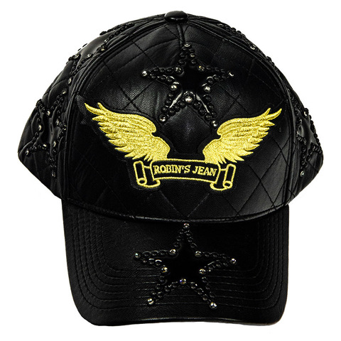 Robin's Jean | Бейсболка мужская BLACK QUILTED LEATHER CAP WITH STUDDED STARS перед