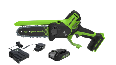 Цепная мини пила аккумуляторная Greenworks GD24CS15, 24V, 15см, бесщеточная, с автоматической смазкой цепи, c АКБ 4Ач и ЗУ ( 2010107UB) в сумке