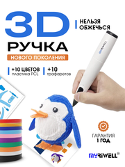 3D ручка Myriwell RP300B + 50 м пластика PCL (10 цветов) и 10 трафаретов (Белый)