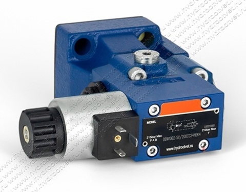 Фото DBW10B2-5X/200CG24N9K4 - Предохранительный клапан Ду10 с давлением настройки до 200 бар, управление - X и Y - внутренние с разгрузкой B = открыт с электроуправлением G24