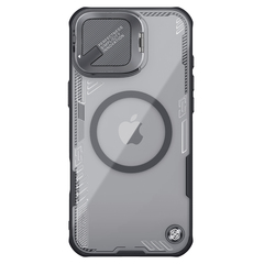 Чехол тонированный (Transparent Black) от Nillkin с металлической откидной крышкой и поддержкой магнитной беспроводной зарядки MagSafe на iPhone 16, серия Iceblade Prop Magnetic Case