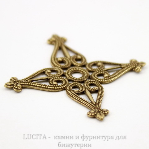 Винтажный декоративный элемент - филигрань "Четырехлистник" 34х34 мм (оксид латуни) ()